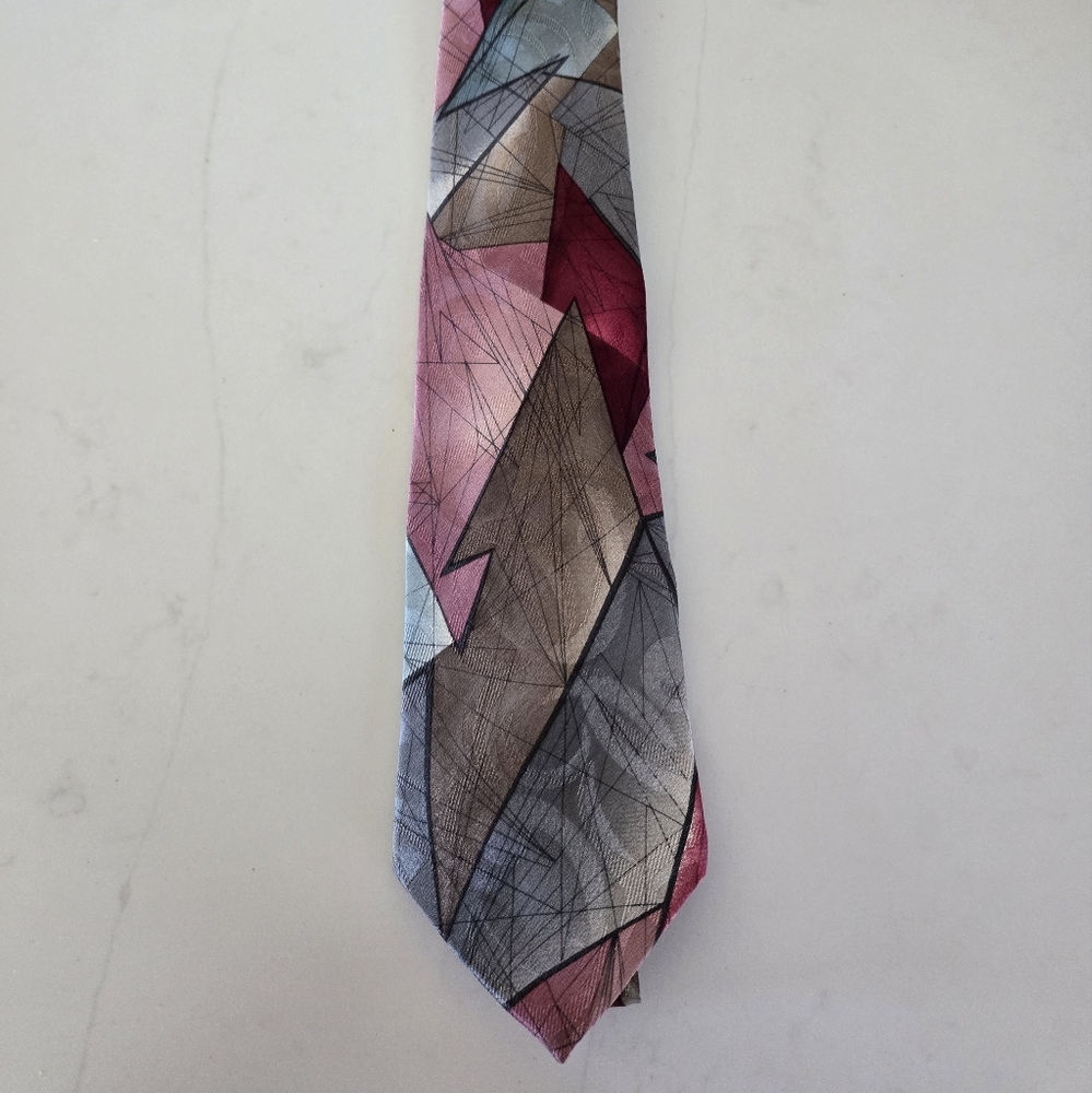 Ferracci Geometric Patterned Tie - Pink, Gray, and Black.